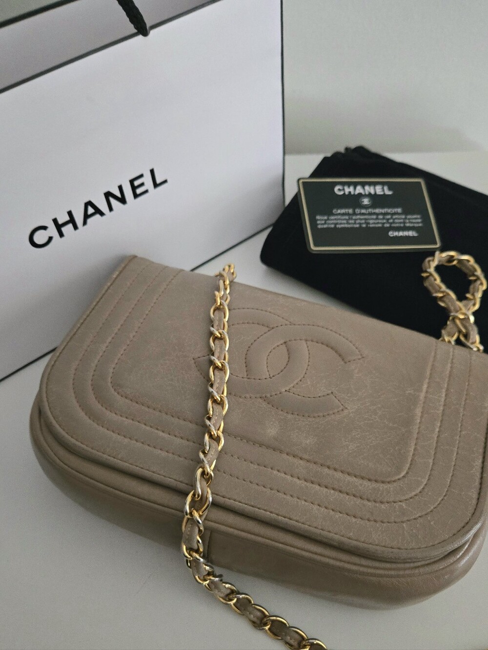 Authentic Vintage Chanel Timeless CC Curved Flap Bag Beige Lambskin GHW